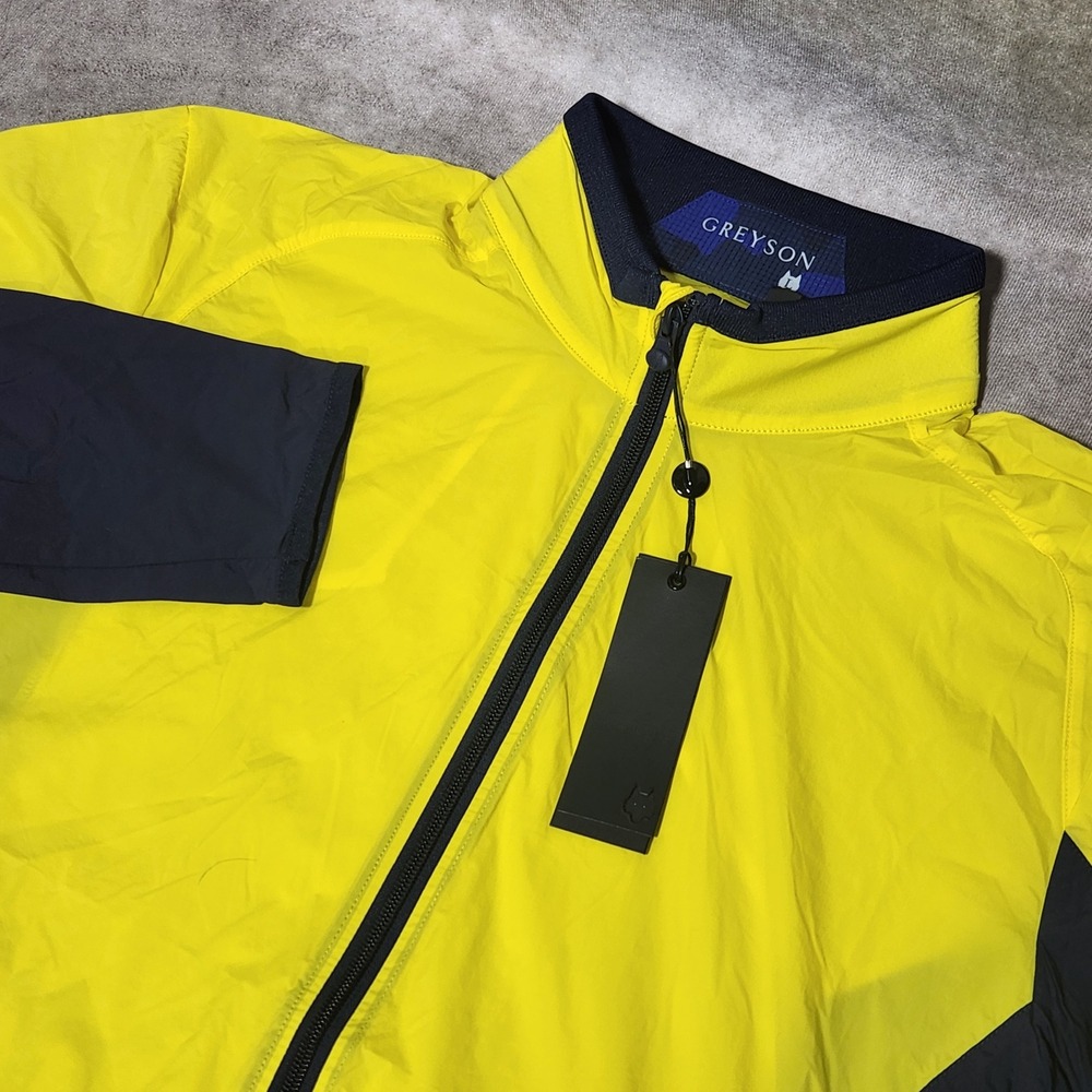 Greyson Mens‎ Colorblock Trailwolf Jacket Yellow Navy Blue Windbreaker Golf sz L